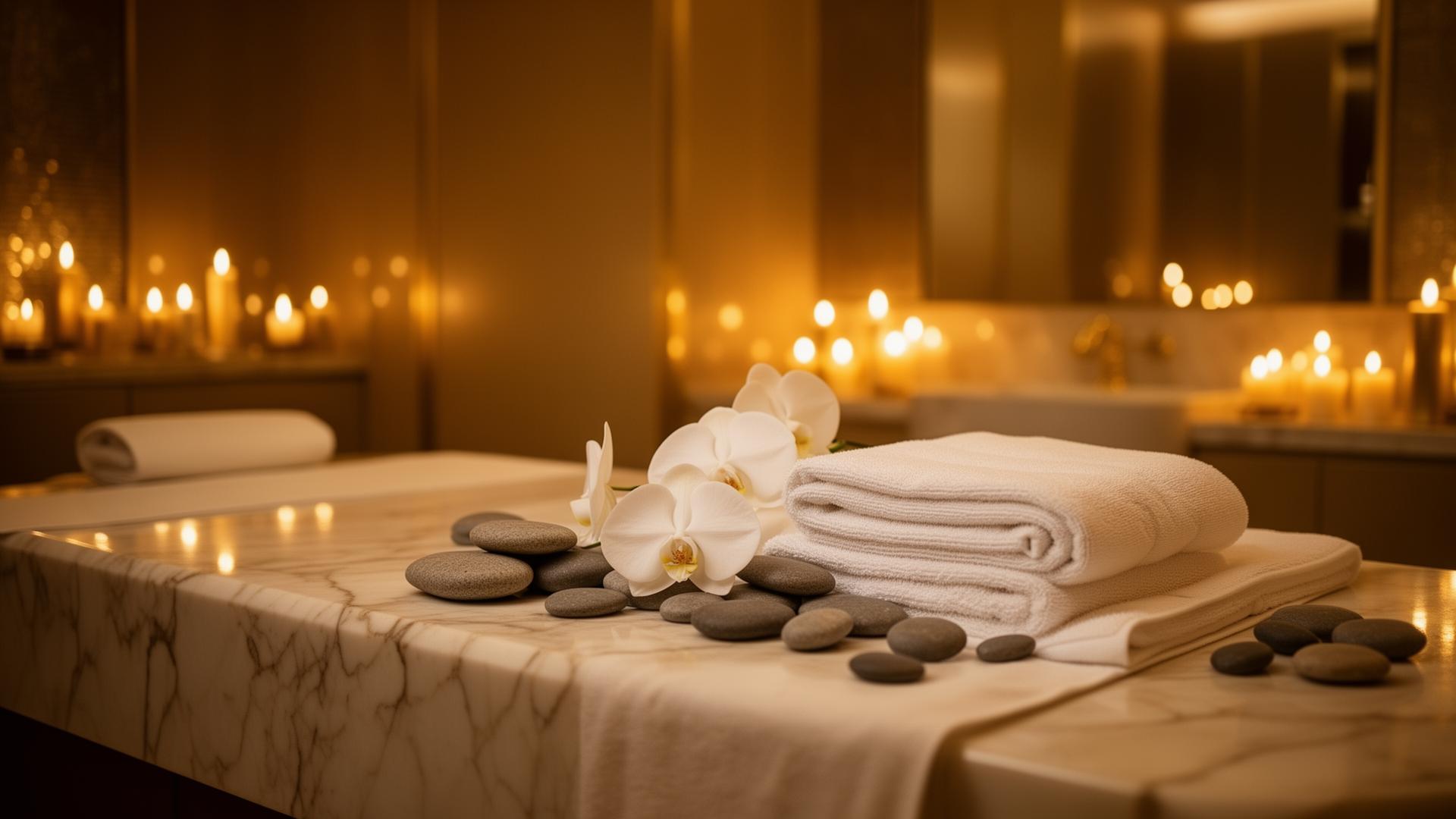 Aura Haven luxury spa interior with candles and orchids